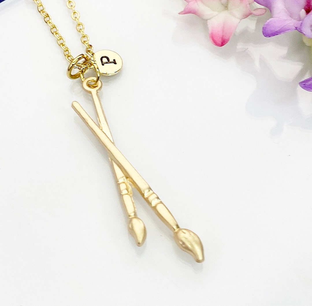 Gold Paintbrush Necklace, Artist Paintbrush Charm, Personized Initial