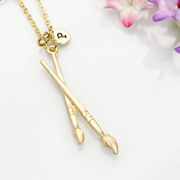 Gold Paintbrush Necklace, Artist Paintbrush Charm, Personized Initial Necklace, N4980