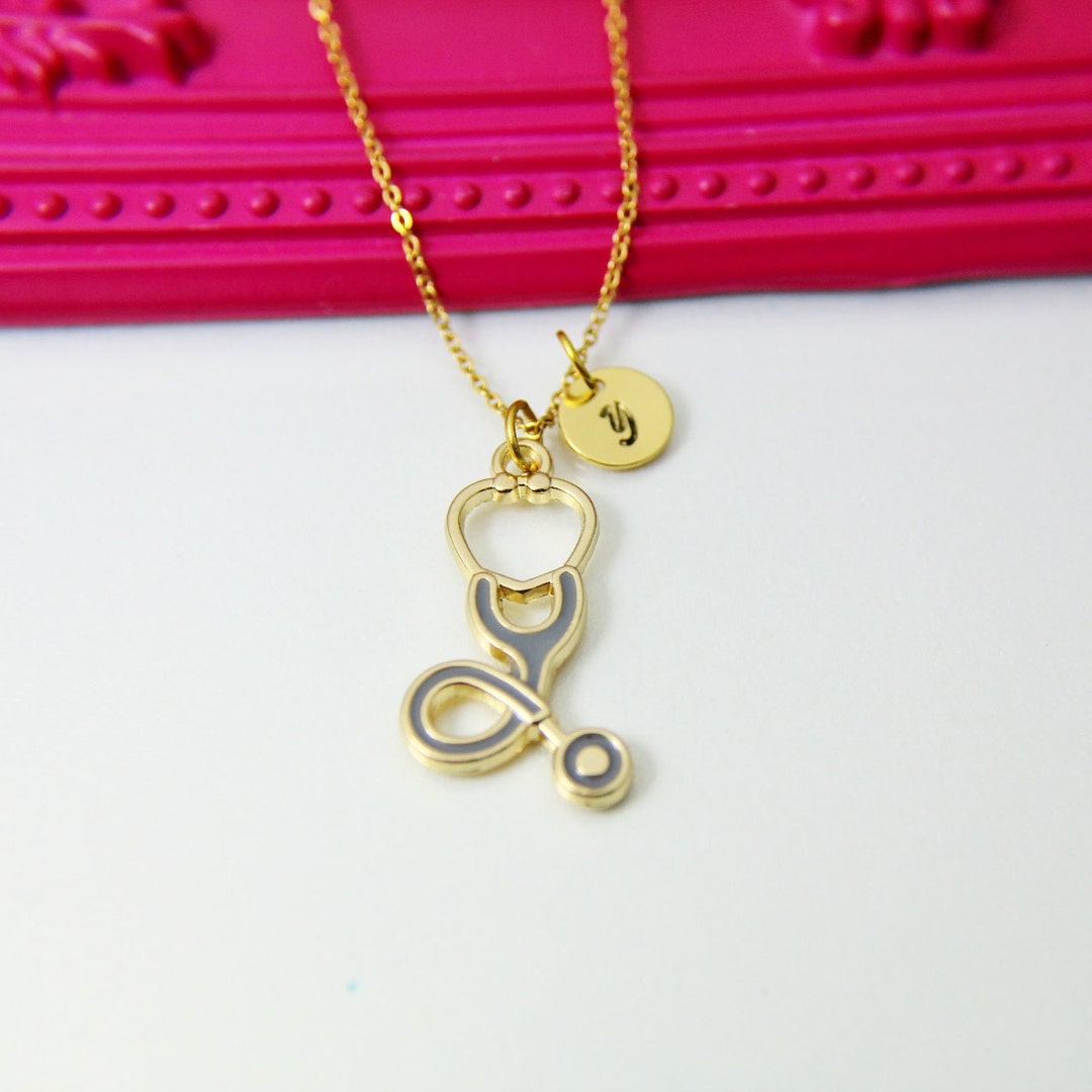 Stethoscope Necklace, Gold Stethoscope Charm Necklace, Gray Stethoscope