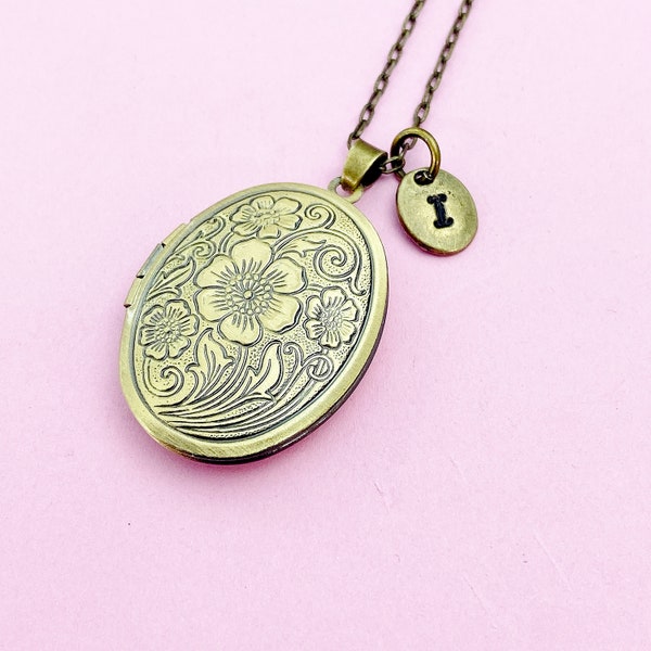 Bronze Flower Locket Pendant Necklace, Long Chain Option, Keepsake Gift, Photo Frame Charm, AN4475