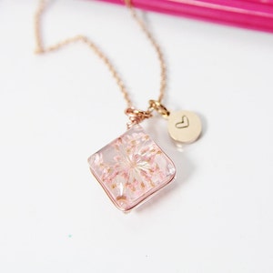 Rose Gold Press Flower Pink Necklace Personalized Customized Jewelry Gifts, N2983