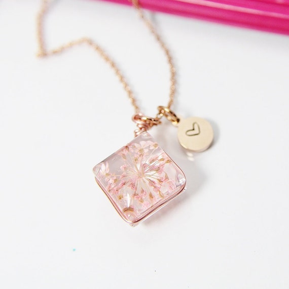 Rose Gold Press Flower Necklace Gift 
