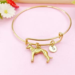 Greyhound Dog Charm Bangle Bracelet, Initial Charm, Gold Tone