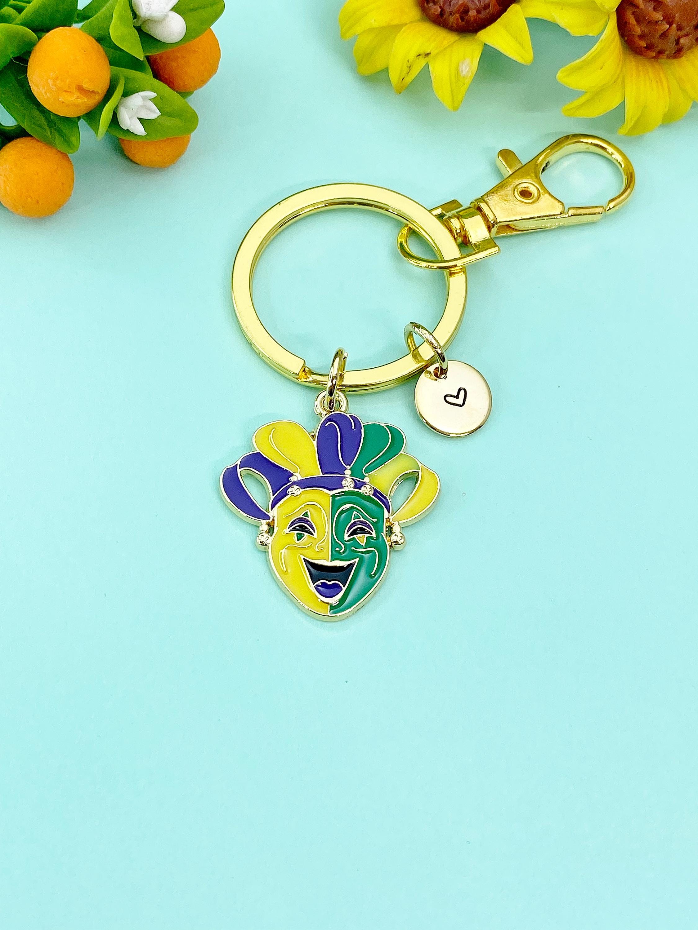 Jester Key Chain Gold Smile Happy Face Charm Keychain, School Music Theater Drama Mask ...