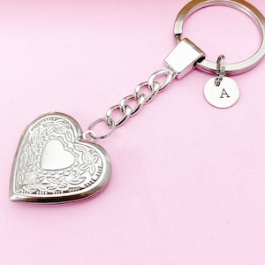 Best Christmas Gift Silver Heart Flower Locket Pendant Keychain, Love, Keepsake Photo Frame Charm, Stainless Steel Initial Keychain, N4927