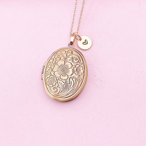 Rose Gold Flower Locket Necklace, Keepsake Photo Charm