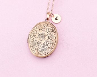 Best Christmas Gift for Mom, Grandmother, Great Grandma, Aunt, Rose Gold Necklace, Flower Locket, Keepsake Photo Frame Charm, N1799