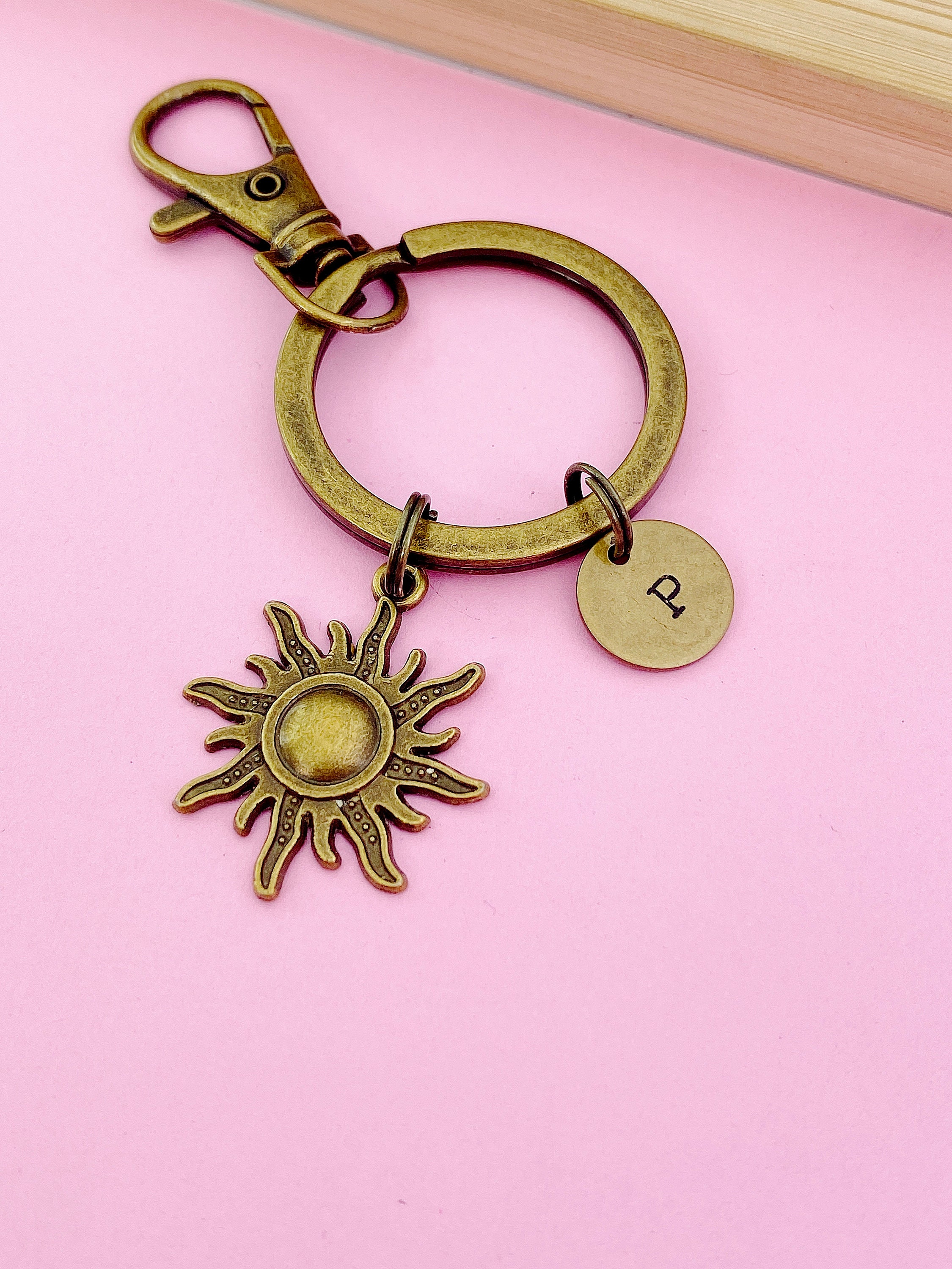 Bronze Sun Charm Keychain, Personalized Initial Monogram - Etsy