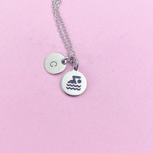 Swim Charm Necklace in Silver Stainless Steel, Swimming Personalized Jewelry, N1086