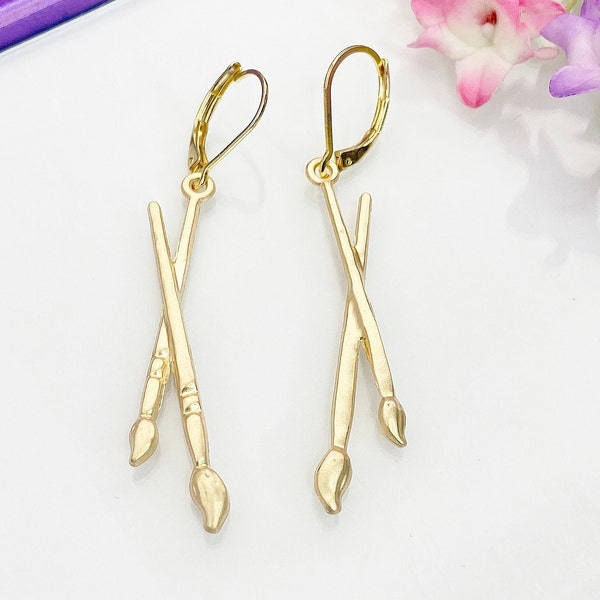 Artist Paintbrush Earrings, Gold Stainless Steel Hypoallergenic Earrings, N5082