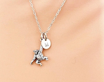 Silver Orangutan Monkey Charm Necklace with Personalized Initial Pendant, N249