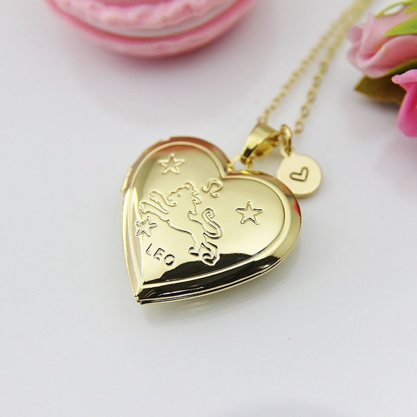 Best Christmas Gift for Mom, Aunt, Girlfriends, Sister, Daughter, Grandmother, Gold Leo Locket Necklace, Love, Keepsake Photo Frame, N4048