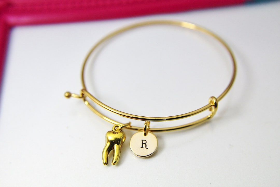 Gold Tooth Charm Bracelet, Tooth Charm Bangle, Dentist Gift, Dental