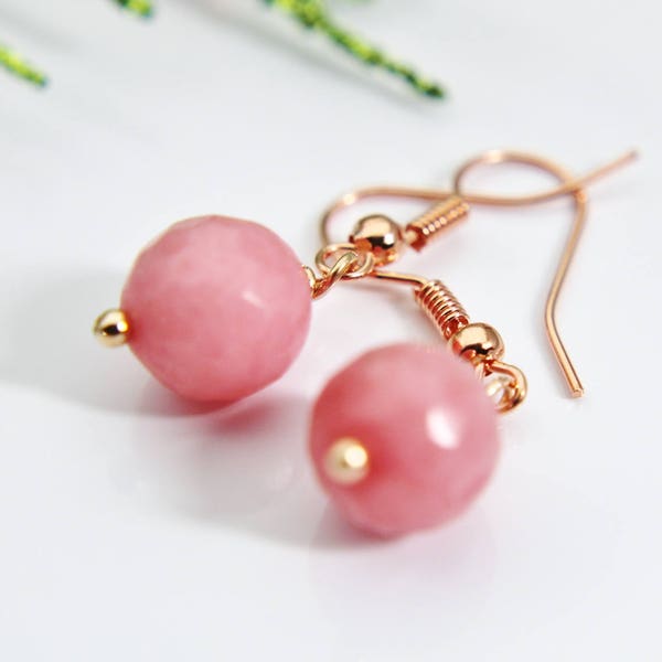 Jade Earrings, Pink Jade Natural Gemstone Jewelry, Rose Gold Earrings