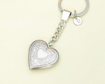 Best Christmas Gift Silver Heart Flower Locket Pendant Keychain, Love, Keepsake Photo Frame Charm, Stainless Steel Initial Keychain, N4927