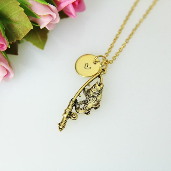 Gold Fishing Rod With Fish Charm Necklace, Fishing Rod With Fish