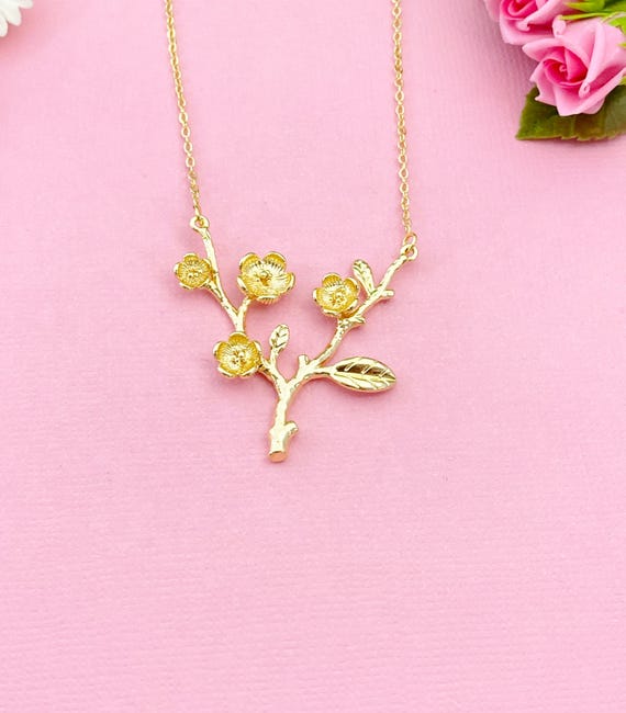 Japanese Cherry Blossom Necklace, Peach Plum Blossom Flower Twigs