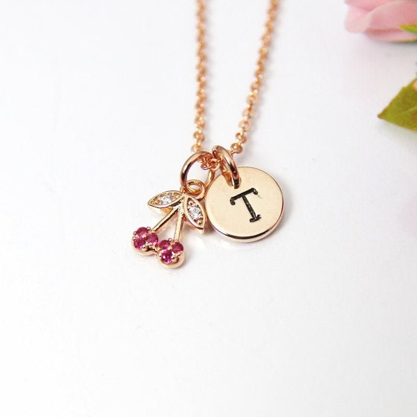 Rose Gold Cherry Charm Necklace, Hot pink Cherry Necklace, Foodie Gift, Dainty Necklace, Personalized, N2652