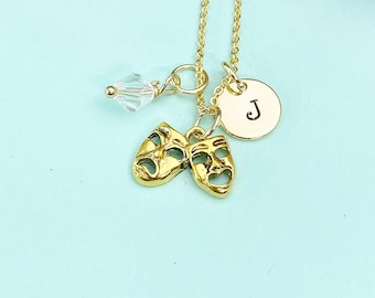 Drama Mask Necklace – Gold Theater Charm with Personalized Initial Charms A–Z Gift for Performer, N4893