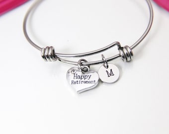 Silver Happy Retirement Charm Bracelet,  Happy Retirement Gift, Stainless Steel Bangle, Personalized Initial Jewelry, N2296