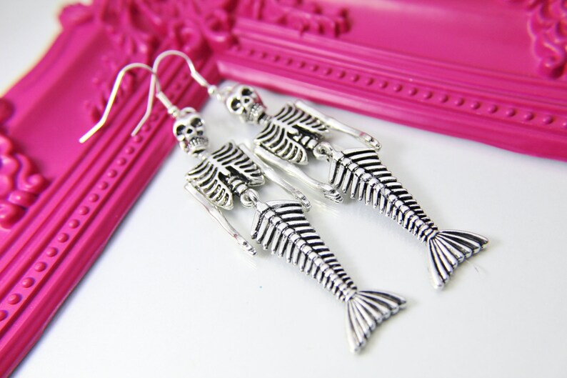 Silver Mermaid Skull Charm Earrings Halloween Gift Ideas, BN2702 image 5