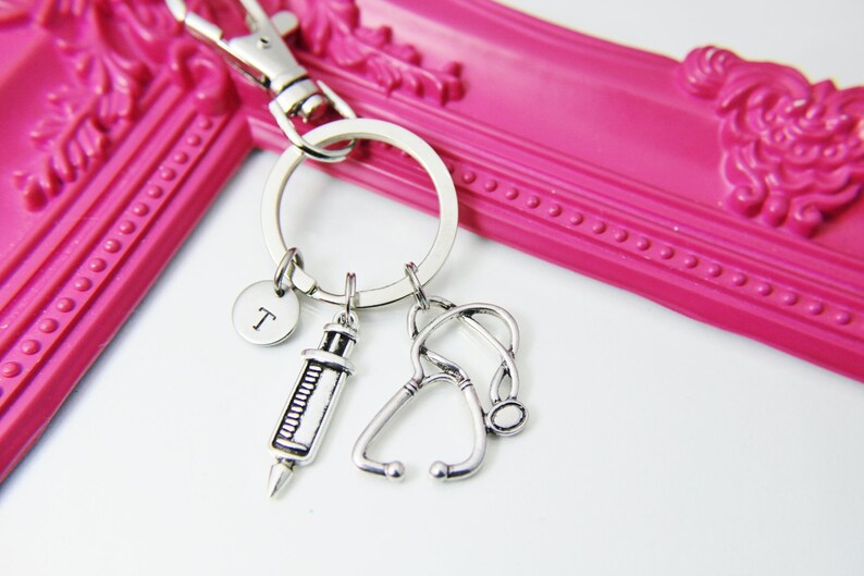 Personalized Gift Silver Syringe Charm Keychain N1593 Stethoscope Charm Keychain Medical School Gift Phlebotomy Phlebotomist Gift
