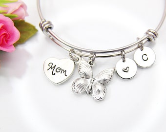 Mom Bracelet, Silver Mom Butterfly Bracelet, Mom Charm, Mom Gift, Mother's Day Gift, Personalized Gift, N3408