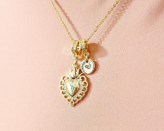Gold Sacred Heart Mexican Flaming Milagro Holy Heart Cubic Zirconia Pendant Necklace, N6838