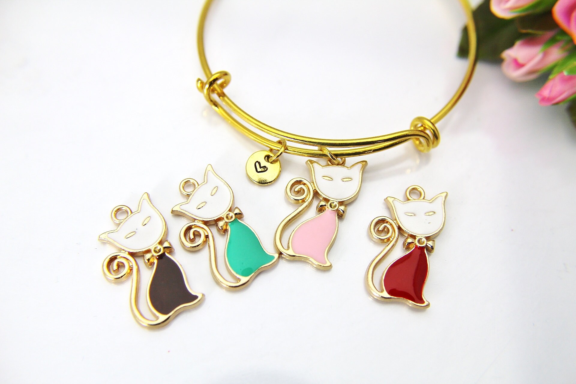 Cat Bracelet Gold Cat Charm Bangle Cat Charm Animal Charm Etsy
