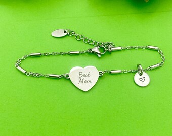 Mom Bracelet, Engraved Heart, Initial Charm, D269