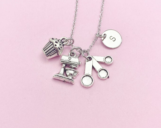 Silver Baker Necklace, Kitchen Mixer Measuring Cup Cupcake Muffin Charm, Personalized Gift, N3619