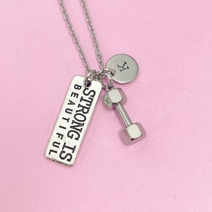Silver Strong is Beautiful Dumbbell Charm Necklace Fitness Gym Gifts Ideas Personalized Customized Made to Order, N1092