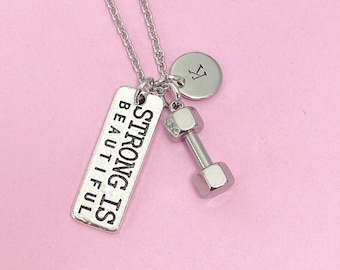 Silver Strong is Beautiful Dumbbell Charm Necklace Fitness Gym Gifts Ideas Personalized Customized Made to Order, N1092