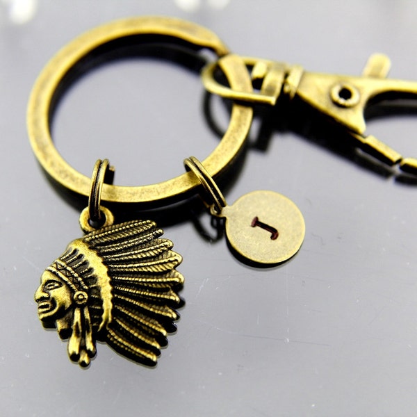 Bronze Indian Head Pendant Keychain, Indian Head Charm Personalized Keychain, Initial Keychain, Initial Charm, Customized Monogram Jewelry