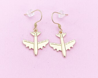 Gold Airplane Charm Earrings, Pilot Cabin Crew Air Crew Gift