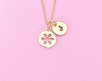 Gold Snowflake Initial Necklace, 18K Plated Charm