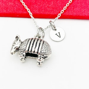 Silver Armadillo Charm Necklace, Armadillo Charm, Animal Charm, Personalized Initial Necklace, N776