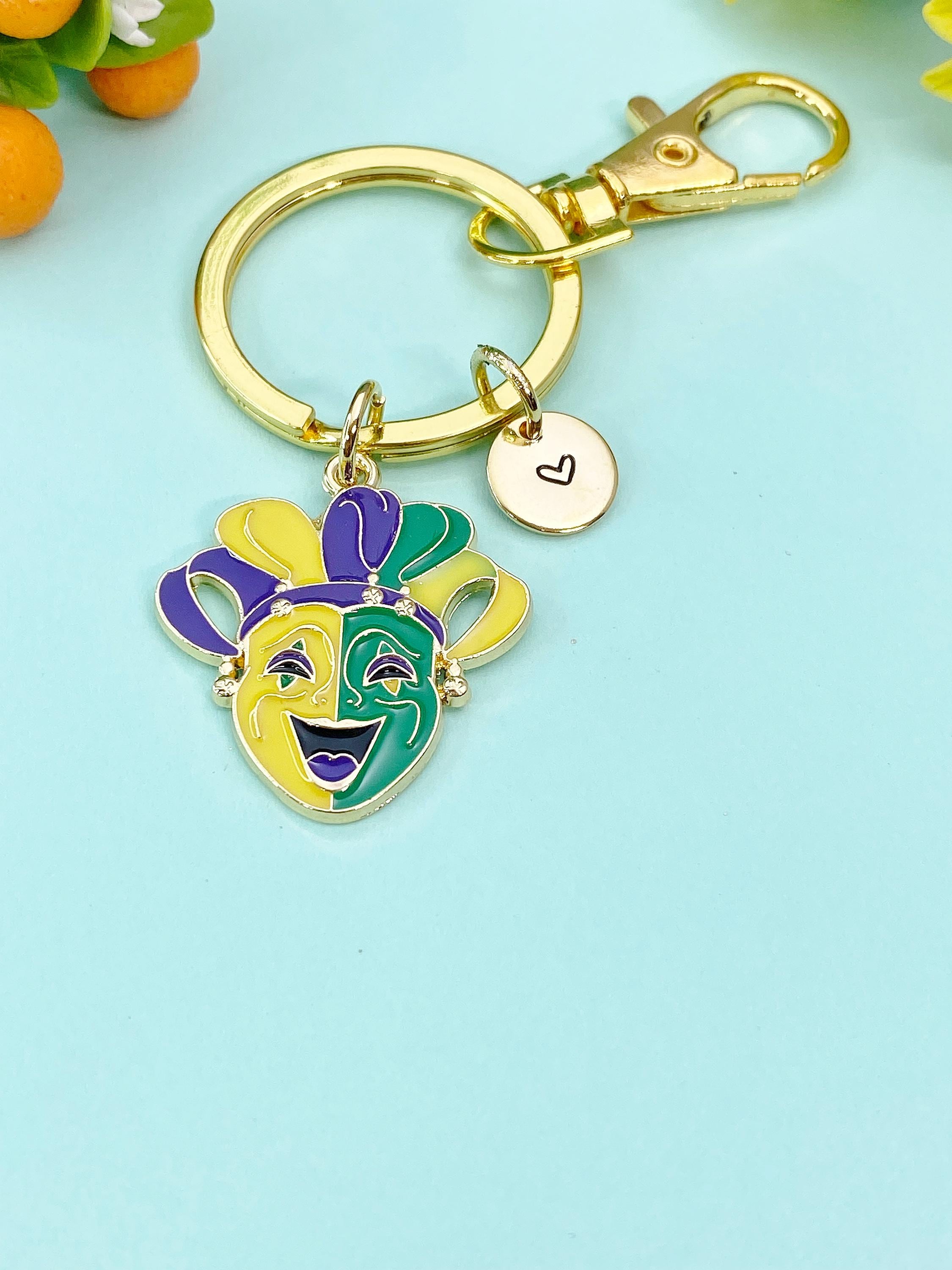 Jester Key Chain Gold Smile Happy Face Charm Keychain, School Music Theater Drama Mask ...