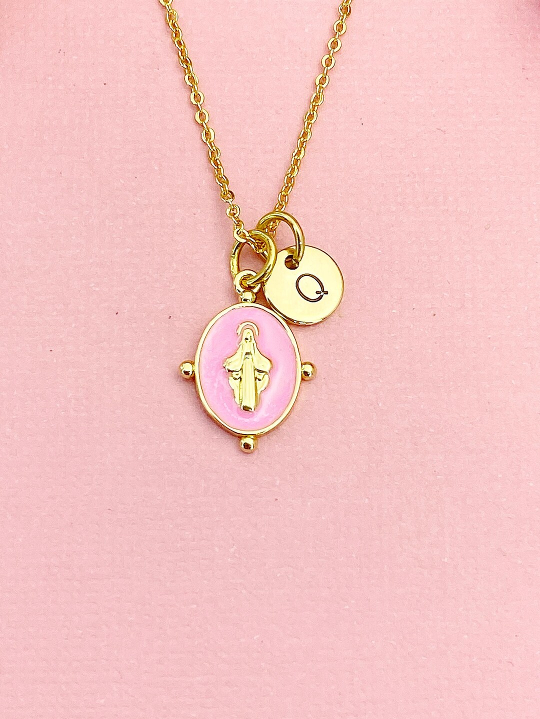 Gold Virgin Mary Pink Pendant Necklace, Religious Faith Jewelry Gift ...