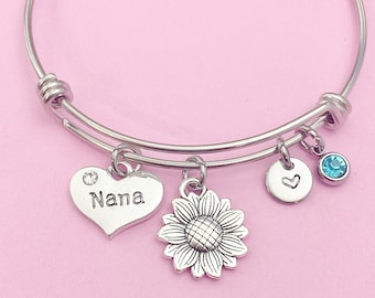 Silver Nana Sunflower Heart Charm Necklace Mother Day Gift Idea for Grandmother Personalized Customized Made to Order, N3262