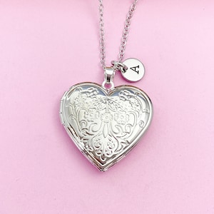 Silver Heart Flower Locket Pendant Necklace, Personalized Jewelry, L004