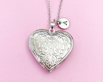 Silver Heart Flower Locket Pendant Necklace, Stainless Steel Chain Necklace, Personalized Jewelry, L004