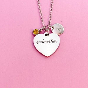 Silver Godmother Heart Charm Necklace, Stainless Steel Godmother Jewelry, D108