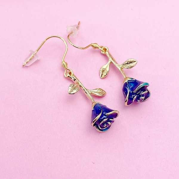 Gold Blue Rose Earrings, N3108