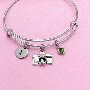 Silver Camera Charm Bracelet, Personalized Initial, Photography Gift, BB46