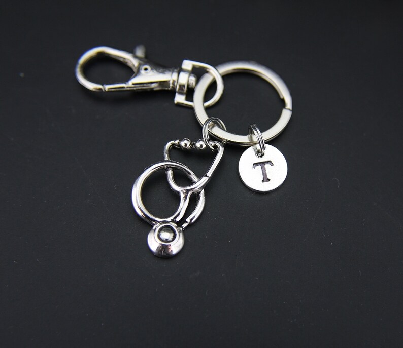 Silver Stethoscope Charm Keychain Silver Stethoscope Charm Personalized Keychain Initial Keychain Charm Monogram Jewelry Customized Jewelry image 2