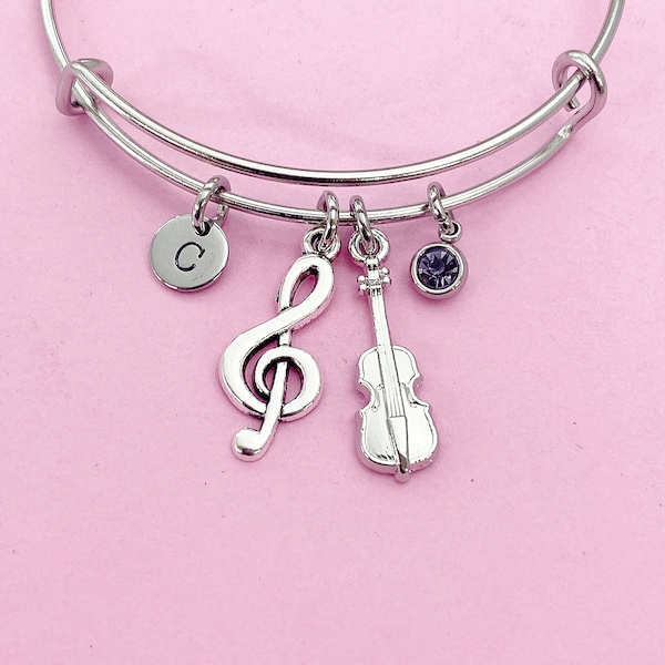 Silver Treble Clef Music Note Violin Viola Charm Bracelet Musician Music Personalize Customize Gifts Ideas, N3924