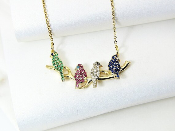 Bird Necklace Gold Green Pink Blue 
