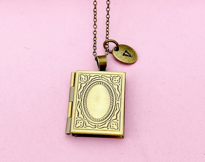 Bronze Miniature Book Locket Necklace, Initial Charm, Personalized Gift