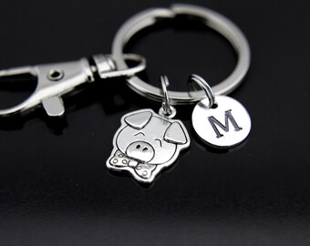 Pig Keychain, Pig Charms, Pig Pendant, Silver Pig Charm Keychain, Personalized Keychain, Initial Charm, Initial Keychain, Customized Jewelry